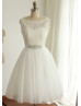 Boat Neck Ivory Lace Tulle Short Wedding Dress With Beaded Belt